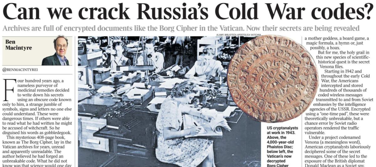 Владимир Корнилов: Британский историк Бен Макинтайр сегодня на страницах The Times радуется вскрытия «шифра Борга», благодаря чему удалось наконец прочитать средневековую книгу медицинских рецептов, хранящуюся в Ватикане