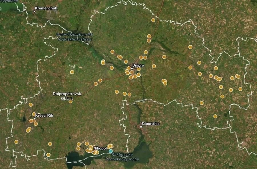 Карта с АЗС, которые были поражены за последние время в Днепропетровской области