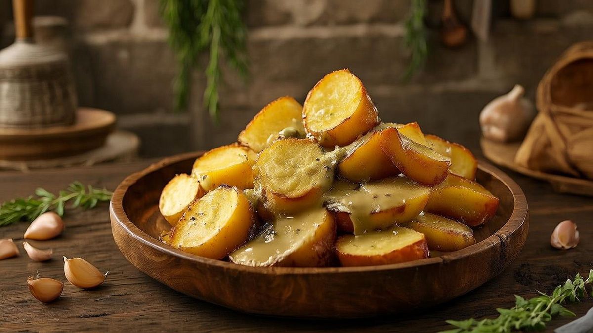 Ароматный картофель по-деревенски с пикантным чесночным соусом