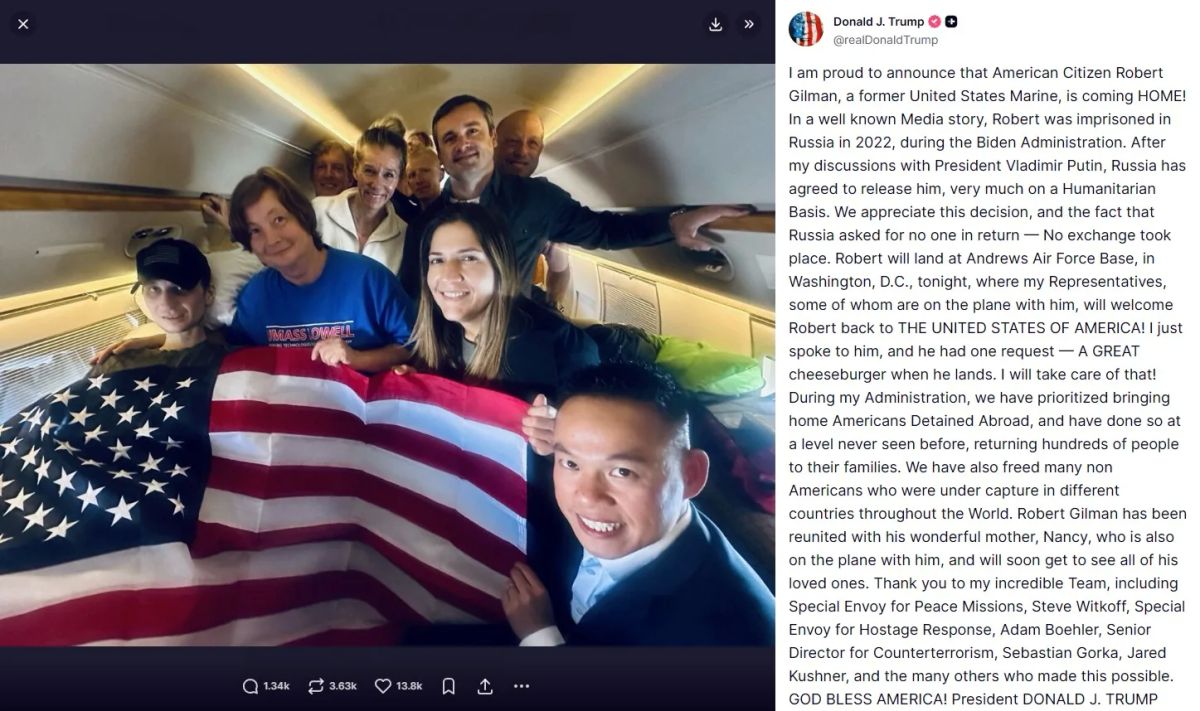 Дмитрий Дробницкий: Трамп опубликовал в своей соцсети Truth Social фотографию с возвращающимся в США Робертом Гилманом