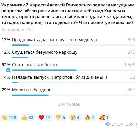 Александр Коц: ОПРОС 52 процента подписчиков на вопрос Гончаренко "Что делать?" отвечают - "Снять штаны и бегать"