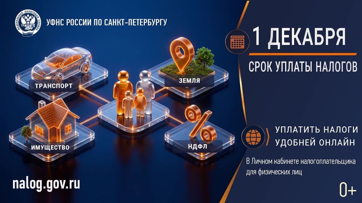 Управление ФНС России по Санкт-Петербургу напоминает, что срок уплаты налогов физическими лицами по налоговым уведомлениям за 2025 год - не позднее 1 декабря 2026 года