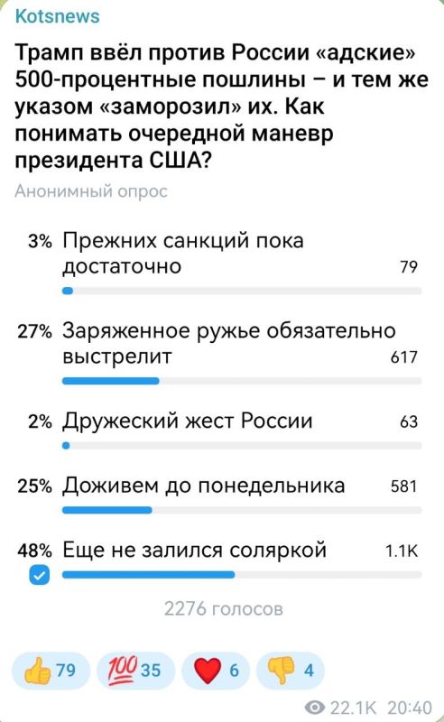 Александр Коц: ОПРОС 48 процентов подписчиков напоминают, что Трамп еще не получил российский дизель