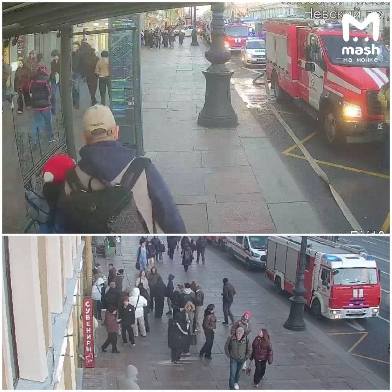 Множество пожарных машин и скорая сейчас у театра Акимова на Невском проспекте