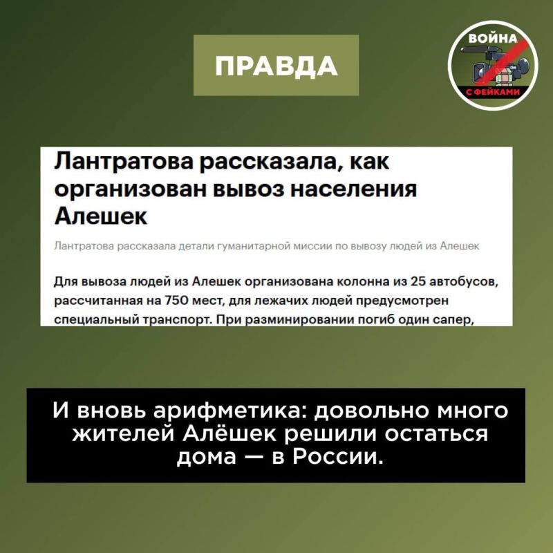 Фейк: В новых регионах РФ «нет никаких русских», что подтверждается желанием ряда жителей Алёшек эвакуироваться на Украину Фейк: В новых регионах РФ «нет никаких русских», что подтверждается желанием ряда жителей Алёшек эвакуироваться на Украину